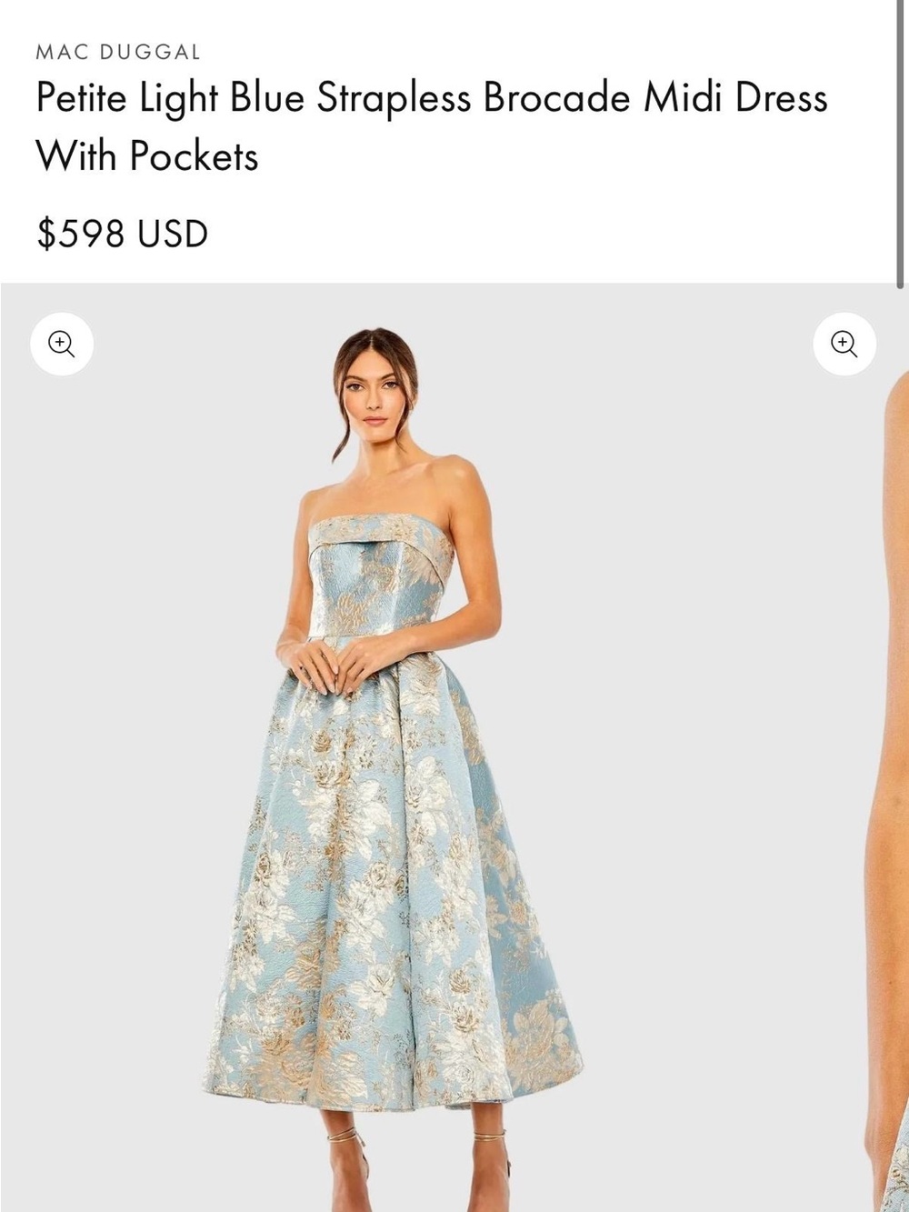 Mac Duggal Light Blue and Gold Strapless Brocade Midi Dress